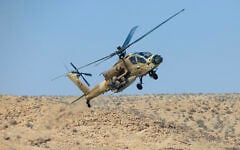 An Israeli Air Force Apache helicopter, August 18, 2025. (Moshe Shai/FLASH90)