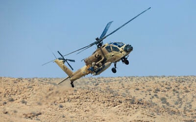 An Israeli Air Force Apache helicopter, August 18, 2025. (Moshe Shai/FLASH90)