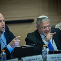 MK Yitzhak Kroizer, left, with his Otzma Yehudit party leader National Security Minister Itamar Ben Gvir during Interior committee meeting at the Knesset in Jerusalem, on July 8, 2026. (Yonatan Sindel/Flash90)
