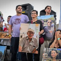 Former hostage Yocheved Lifshitz joins families of former hostages, hostages who were killed in captivity in the Gaza Strip, and victims of the October 7 attack at the Families’ Sukkah at Hostages Square in Tel Aviv, during the Jewish holiday of Sukkot, September 28, 2026. (Avshalom Sassoni/Flash90)