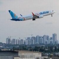 A flydubai plane takes off from Ben Gurion airport on September 30, 2026. (Yossi Aloni/FLASH90)