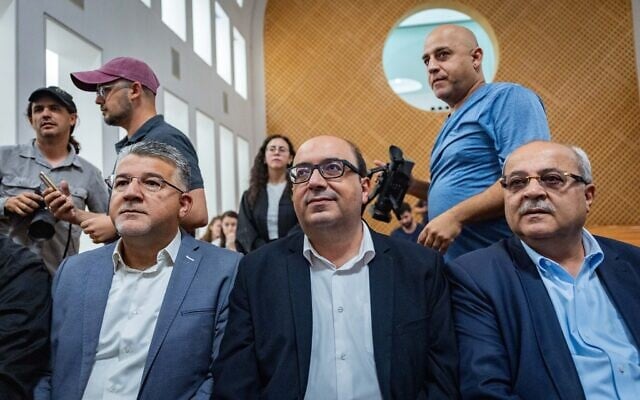 L-R: Hadash chair Yousef Jabareen, Balad chair Sami Abu Shehadeh, and Ta'al chair Ahmad Tibi at a hearing at the Supreme Court in Jerusalem on the Central Elections Committee’s decision to ban their Joint List alliance from running in the upcoming election, on October 1, 2026. (Yonatan Sindel/Flash90)