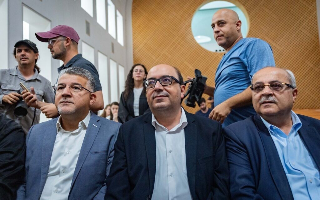 L-R: Hadash chair Yousef Jabareen, Balad chair Sami Abu Shehadeh, and Ta'al chair Ahmad Tibi at a hearing at the Supreme Court in Jerusalem on the Central Elections Committee’s decision to ban their Joint List alliance from running in the upcoming election, on October 1, 2026. (Yonatan Sindel/Flash90)