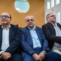 From left: Balad chairman Sami Abou Shehadeh, MK Ahmad Tibi and MK Ofer Cassif arrive at the Supreme Court in Jerusalem for a hearing on the Central Elections Committee’s decision to disqualify candidates and parties from running in the upcoming Knesset elections, October 1, 2026. (Yonatan Sindel/Flash90)