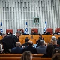 A hearing at the Supreme Court in Jerusalem on the Central Elections Committee’s decision to disqualify Arab parties and candidates from running in the upcoming elections, October 1, 2026. (Yonatan Sindel/Flash90)