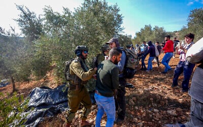 Israeli security forces remove Palestinians and left-wing activists from olive groves during the olive harvest season in the West Bank village of Beita, near Nablus, October 2, 2026. (Flash90)