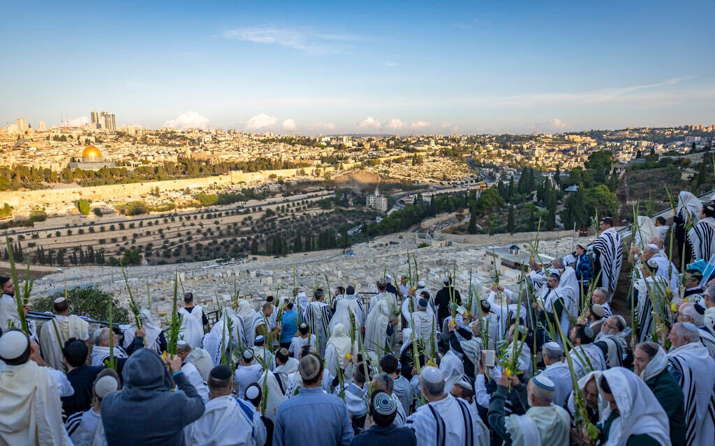 Jewish men wrapped in prayer shawls take part in Hoshana Rabbah prayers on the seventh day of the Jewish holiday of Sukkot, at a lookout on the Mount of Olives overlooking Jerusalem’s Old City, October 2, 2026. (Yonatan Sindel/Flash90) Jewish men wrapped in prayer shawls take part in Hoshana Rabbah prayers on the seventh day of the Jewish holiday of Sukkot, at a lookout on the Mount of Olives overlooking Jerusalem’s Old City, October 2, 2026. (Yonatan Sindel/Flash90)