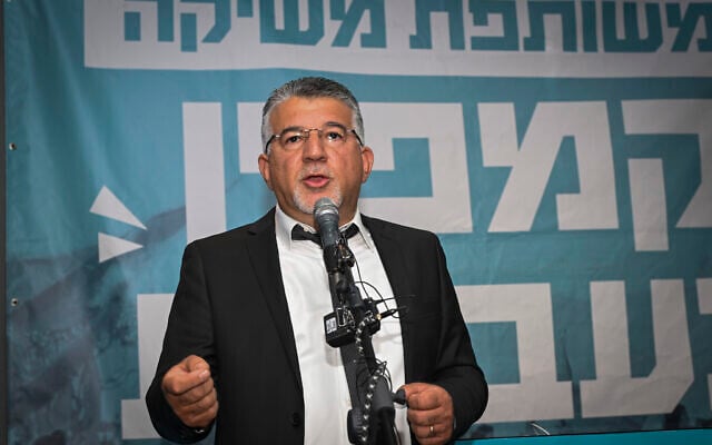Yousef Jabareen, chairman of the Joint List, attends the party’s campaign launch event ahead of the upcoming Israeli general elections, in Tel Aviv, October 5, 2026. (Avshalom Sassoni/Flash90)