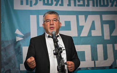 Yousef Jabareen, chairman of the Joint List, attends the party’s Hebrew-language campaign launch event ahead of the upcoming Knesset elections, in Tel Aviv, October 5, 2026. (Avshalom Sassoni/Flash90)