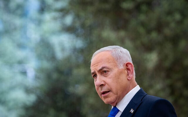 Prime Minister Benjamin Netanyahu speaks during a state memorial ceremony for civilians murdered in the October 7 massacre, marking three years since the Hamas attack, at Mount Herzl in Jerusalem, October 5, 2026. (Olivier Fitoussi/POOL)
