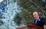 Prime Minister Benjamin Netanyahu speaks during a state memorial ceremony for civilians murdered in the October 7 massacre, marking three years since the Hamas attack, at Mount Herzl in Jerusalem, October 5, 2026. (Olivier Fitoussi/POOL)