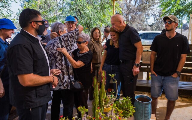 Former defense minister Yoav Gallant takes part in a memorial ceremony at Kibbutz Kfar Aza, commemorating the victims of the October 7 massacre, three years after the attack, October 7, 2026. (Liron Moldovan/Flash90)