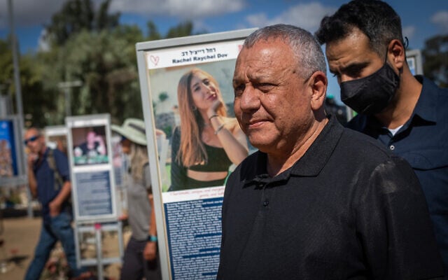 Yashar party chairman Gadi Eisenkot visits the Nova music festival memorial site near Kibbutz Re’im in southern Israel, on the third anniversary of the October 7 massacre, October 7, 2026. (Yonatan Sindel/Flash90)
