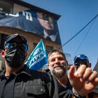 Finance Minister Bezalel Smotrich, the  and Religious Zionism party chairman, tours the Mahane Yehuda Market as part of the party’s election campaign in Jerusalem, October 9, 2026. (Chaim Goldberg/Flash90)