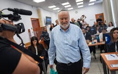 Former Israeli attorney general Avichai Mandelblit arrives to testify in the corruption trial of Prime Minister Benjamin Netanyahu at the Jerusalem District Court, October 11, 2026. (Chaim Goldberg/ Flash90)