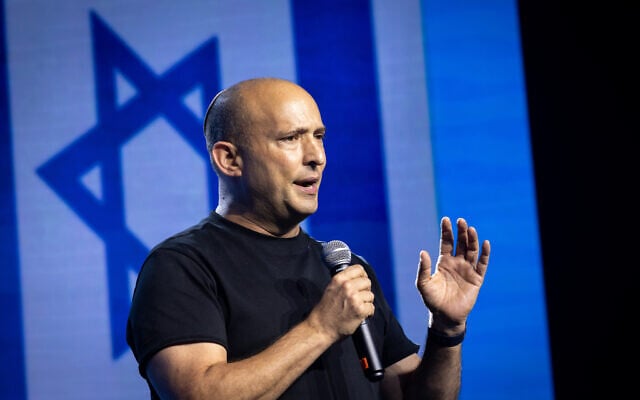 Former prime minister and B'Yachad party chairman Naftali Bennett speaks at a press conference in Tel Aviv, October 11, 2026. (Miriam Alster/Flash90)