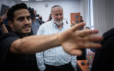 Former Israeli attorney general Avichai Mandelblit arrives at the Jerusalem District Court to testify in the corruption trial of Prime Minister Benjamin Netanyahu, October 12, 2026. (Yonatan Sindel/Flash90)