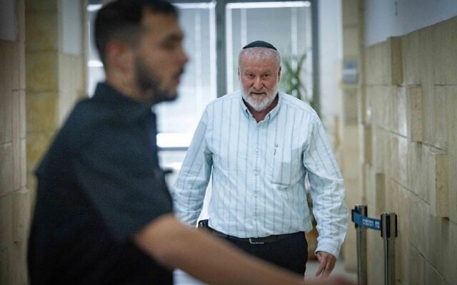 Former attorney general Avichai Mandelblit arrives to testify in the corruption trial of Prime Minister Benjamin Netanyahu at the Jerusalem District Court, October 12, 2026. (Yonatan Sindel/Flash90)