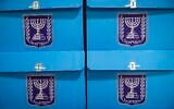 Workers prepare ballot boxes for the upcoming election at the Central Elections Committee warehouse in Shoham, ahead of their distribution to polling stations across the country, October 14, 2026. (Yonatan Sindel/Flash90)