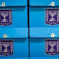 Workers prepare ballot boxes for the upcoming election at the Central Elections Committee warehouse in Shoham, ahead of their distribution to polling stations across the country, October 14, 2026. (Yonatan Sindel/Flash90) Workers prepare ballot boxes for the upcoming election at the Central Elections Committee warehouse in Shoham, ahead of their distribution to polling stations across the country, October 14, 2026. (Yonatan Sindel/Flash90)