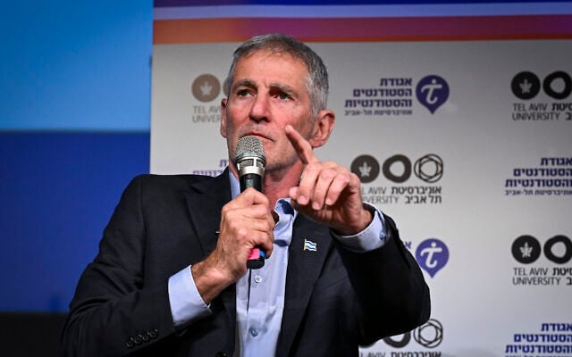The Democrats party chairman Yair Golan speaks during an election conference at Tel Aviv University, ahead of Israel’s upcoming general elections, October 18, 2026. (Avshalom Sassoni/ Flash90)