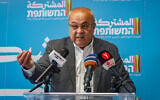 Joint List MK Ahmad Tibi speaks at a press conference about the party’s plan for the next Knesset, in Haifa on October 20, 2026. (Sharon Leibel/Flash90)