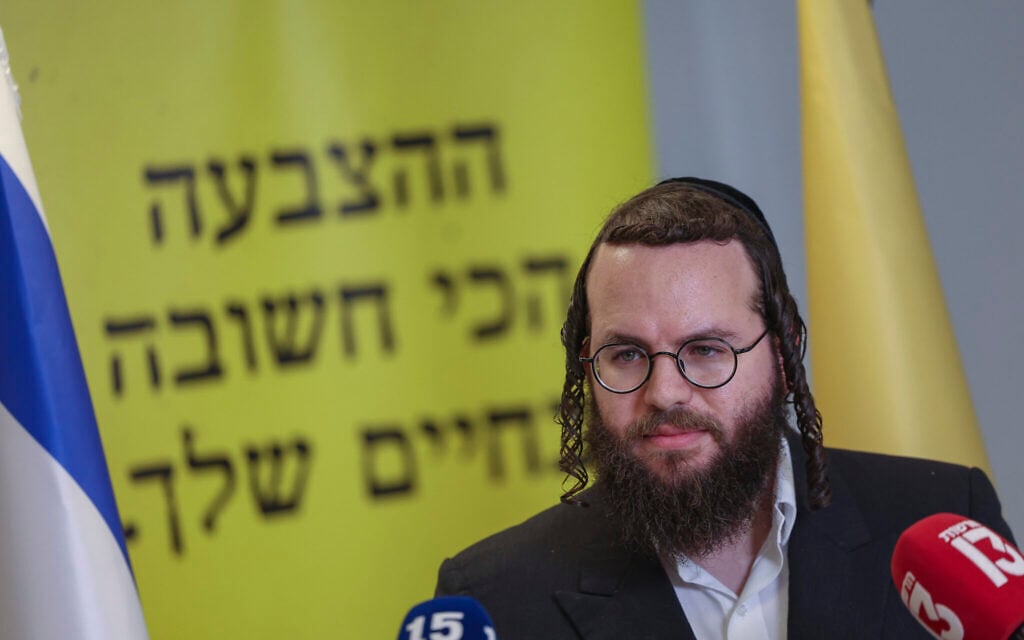 Moti Leitner, chairman of the Charedi Public party, holds a press conference at the party’s election campaign headquarters in Neve Ilan ahead of the Knesset elections, October 21, 2026. (Chaim Goldberg/Flash90)