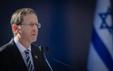 President Isaac Herzog speaks at a state memorial ceremony marking the 31st anniversary of the assassination of former prime minister Yitzhak Rabin at Mount Herzl Military Cemetery in Jerusalem, October 22, 2026. (Noam Revkin Fenton/Flash90)