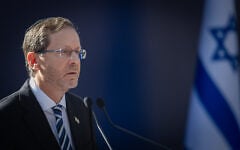 President Isaac Herzog speaks at a state memorial ceremony marking the 31st anniversary of the assassination of former prime minister Yitzhak Rabin at Mount Herzl Military Cemetery in Jerusalem, October 22, 2026. (Noam Revkin Fenton/Flash90)