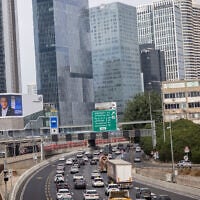 Election campaign posters are seen along a highway in Tel Aviv, ahead of the national election, October 25, 2026. (Miriam Alster/FLASH90)