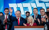 Israeli Prime Minister and Likud party chairman Benjamin Netanyahu at the Likud party’s election headquarters at Binyanei HaUma (Jerusalem International Convention Center) in Jerusalem, following Israel’s general elections, early October 28, 2026. (Chaim Goldberg/Flash90)