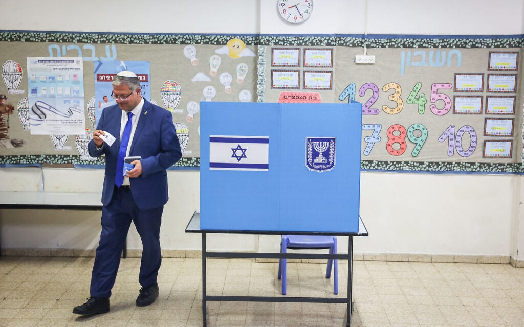 National Security Minister and Otzma Yehudit party chairman Itamar Ben Gvir casts his vote at a polling station in the West Bank settlement of Kiryat Arba, during the general election, October 27, 2026. (Flash90) National Security Minister and Otzma Yehudit party chairman Itamar Ben Gvir casts his vote at a polling station in the West Bank settlement of Kiryat Arba, during the general election, October 27, 2026. (Flash90)