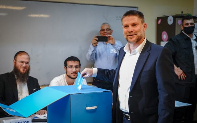Finance Minister Bezalel Smotrich casts his ballot at a polling station in the West Bank settlement of Kedumim, during the general election, October 27, 2026. (Hillel Maeir/FLASH90) Finance Minister Bezalel Smotrich casts his ballot at a polling station in the West Bank settlement of Kedumim, during the general election, October 27, 2026. (Hillel Maeir/FLASH90)