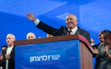 Yashar party chairman Gadi Eisenkot speaks at the party’s election headquarters in Tel Aviv, following the closing of polling stations and the release of exit poll results after Israel’s general election, in the early hours of October 28, 2026. (Miriam Alster/Flash90)