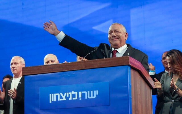 Yashar party chairman Gadi Eisenkot speaks at the party’s election headquarters in Tel Aviv, following the closing of polling stations and the release of exit poll results after Israel’s general election, in the early hours of October 28, 2026. (Miriam Alster/Flash90)