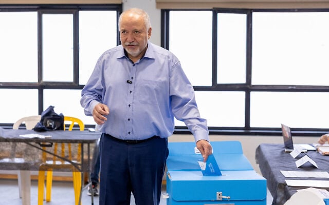 Yisrael Beytenu party head Avigdor Liberman arrives to cast his ballot at a polling station in the West Bank settlement of Nokdim, during the general election, October 27, 2026. (Noam Revkin Fenton/FLASH90) Yisrael Beytenu party head Avigdor Liberman arrives to cast his ballot at a polling station in the West Bank settlement of Nokdim, during the general election, October 27, 2026. (Noam Revkin Fenton/FLASH90)