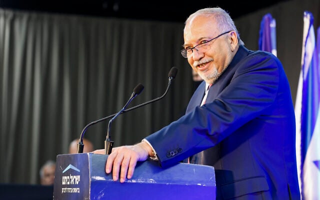 Yisrael Beytenu chairman Avigdor Liberman at the party’s election headquarters in Tel Aviv, on election night, October 27, 2026. (Tal Gal/Flash90) Yisrael Beytenu chairman Avigdor Liberman at the party’s election headquarters in Tel Aviv, on election night, October 27, 2026. (Tal Gal/Flash90)