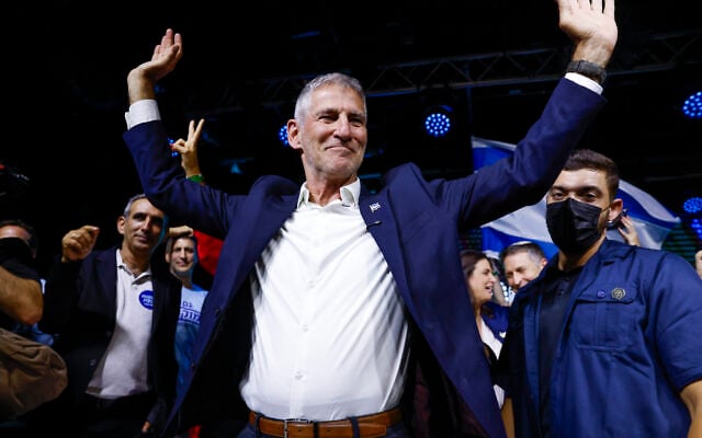 Democrats party chairman Yair Golan and members of his party celebrate at the party’s election headquarters in Tel Aviv, following the release of exit poll results on election night, October 27, 2026. (Yehoshua Yosef/Flash90) Democrats party chairman Yair Golan and members of his party celebrate at the party’s election headquarters in Tel Aviv, following the release of exit poll results on election night, October 27, 2026. (Yehoshua Yosef/Flash90)