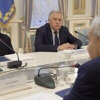 Ukrainian President Volodymr Zelensky hosts an Israeli delegation led by Minister Ze'ev Elkin in Kyiv on October 6, 2026. (Screenshot/Presidential Office of Ukraine)