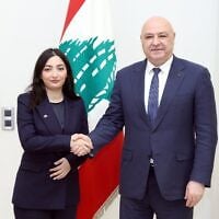 Germany’s Federal Minister for Economic Cooperation and Development Reem Alabali-Radovan, left, shakes hands with Lebanese President Joseph Aoun during their meeting in Lebanon, October 29, 2026. (Lebanese Presidency/X)