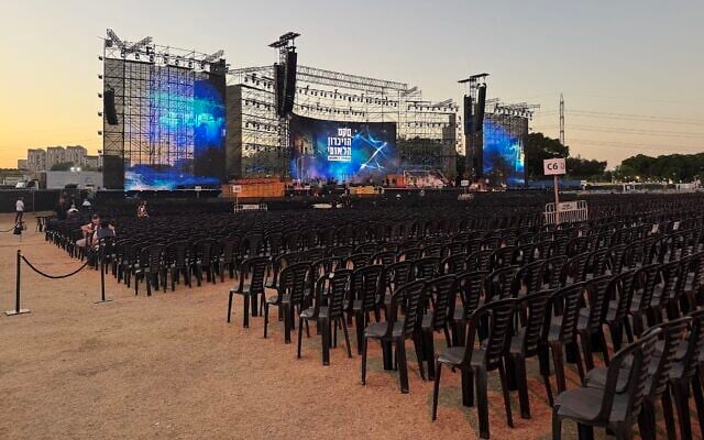 The stage ahead of the national October 7 memorial in Tel Aviv, October 7, 2026. (Matan Siegel/Times of Israel) The stage ahead of the national October 7 memorial in Tel Aviv, October 7, 2026. (Matan Siegel/Times of Israel)