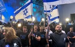 Activists celebrate at the Yashar party headquarters in Tel Aviv as exit polls show the opposition bloc winning more seats than Prime Minister Benjamin Netanyahu's bloc, on October 27, 2026. (Matan Siegel/Times of Israel)