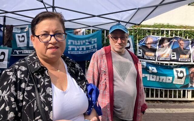 Hannah Goldstein, left, and her husband, Chaim Goldstein, outside the polling station in Nahariya on October 27, 2026. (Diana Bletter/TImes of Israel) Hannah Goldstein, left, and her husband, Chaim Goldstein, outside the polling station in Nahariya on October 27, 2026. (Diana Bletter/TImes of Israel)
