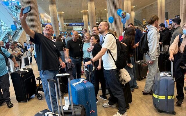 The Reichman family flies into Ben Gurion Airport from San Francisco to vote, October 26, 2026. (Sue Surkes/Times of Israel)