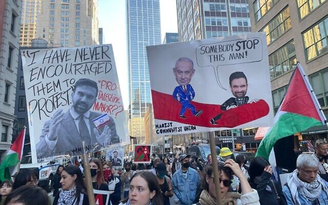 Anti-Zionist protesters rally against Mayor Zohran Mamdani, in New York City, October 7, 2026. (Luke Tress/Times of Israel)