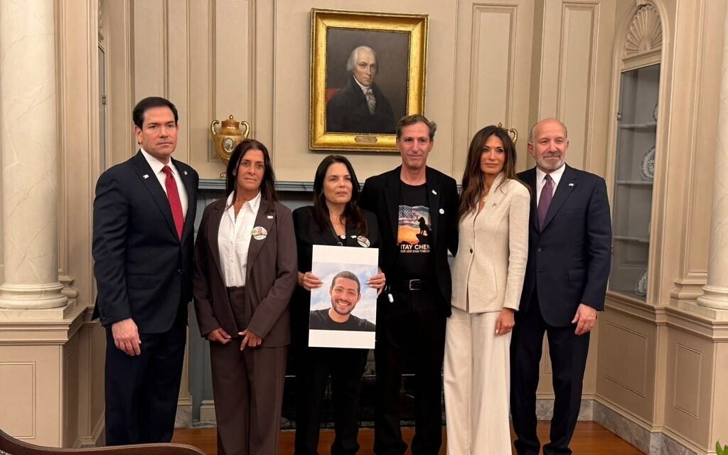 Ruby and Hagit Chen (center), the parents of slain IDF soldier Itay Chen, attend an event at the State Department honoring the US citizens killed on October 7, along with Secretary of State Marco Rubio (left) and Commerce Secretary Howard Lutnick (right), October 14 2026. (Courtesy) Ruby and Hagit Chen (center), the parents of slain IDF soldier Itay Chen, attend an event at the State Department honoring the US citizens killed on October 7, along with Secretary of State Marco Rubio (left) and Commerce Secretary Howard Lutnick (right), October 14 2026. (Courtesy)