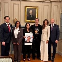 Ruby and Hagit Chen (center), the parents of slain IDF soldier Itay Chen, attend an event at the State Department honoring the US citizens killed on October 7, along with Secretary of State Marco Rubio (left) and Commerce Secretary Howard Lutnick (right), October 14 2026. (Courtesy)