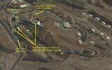 A satellite image of the Minzadehei nuclear site near Tehran, with annotations denoting IDF strikes and subsequent reconstruction. (Institute for Science and International Security/Vantor Technologies)