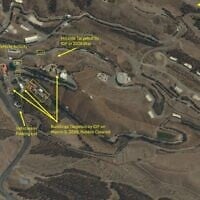 A satellite image of the Minzadehei nuclear site near Tehran, with annotations denoting IDF strikes and subsequent reconstruction. (Institute for Science and International Security/Vantor Technologies)