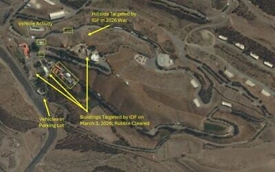 A satellite image of the Minzadehei nuclear site near Tehran, with annotations denoting IDF strikes and subsequent reconstruction. (Institute for Science and International Security/Vantor Technologies) A satellite image of the Minzadehei nuclear site near Tehran, with annotations denoting IDF strikes and subsequent reconstruction. (Institute for Science and International Security/Vantor Technologies)